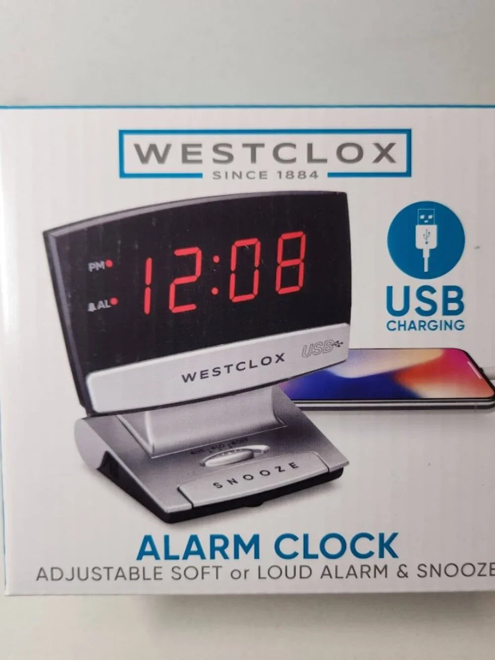 Digital Desk Table Alarm Clock with USB Charging Port Black Silver LED Large 0.9